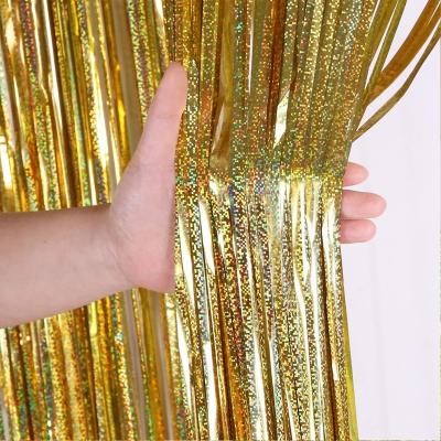 China 1mx4m Disposable Eco-friendly Laser Dot Shimmer Metallic Tinsel String Foil Fringe Curtain Gold Party Wedding Birthday Shiny Door Decoration for sale