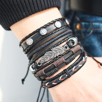 China Environmentally Friendly Men Fashion Jewelry Casual Leather Bangle Bracelets Vintage Punk Rope Wrap Bracelets Multilayer for sale