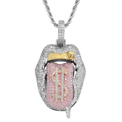 China Hiphop 5A Zircon CZ Iced Out Women Girl Jewelry Tennis Dollar Chain Lip Bling Pendant Necklace for sale