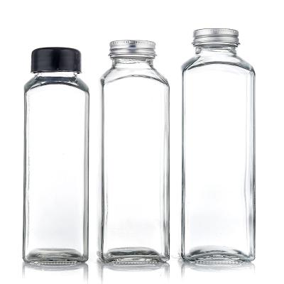 China 300ml 550ml 500ml Eco-friendly Recyclable High Quality Custom Squeezer Flask Glass Empty Drinking Bottles For Drinks With Metal Lid for sale