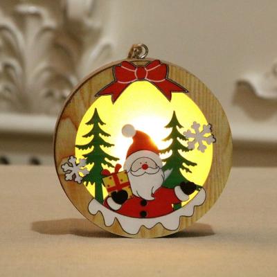 China Wooden Circle Shape Christmas Man Design Christmas Tree Ornaments With Warm Led Light Christmas Decoration for sale