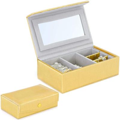 China Gold Jewelry Display Mini Portable Small Travel Jewelry Packaging Box Rings Storage Organizer Box With Mirror for sale