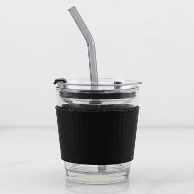 China Hot Sale 350ml Viable Leakproof Bubble Drinks Glass Mug With Straw Lid And Silicone Sleeve Clear Glass Coffee Mugs for sale