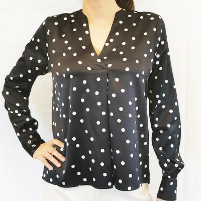 China White Lady Shirt Dot Long Sleeve Women Silk Polka Dot Shirt Office Blouse Black Anti-pilling V-neck for sale