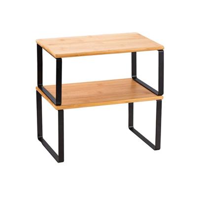 China Sustainable Stackable Expandable Black Natural Bamboo Buffet Counter Wooden Shelf Storage for sale