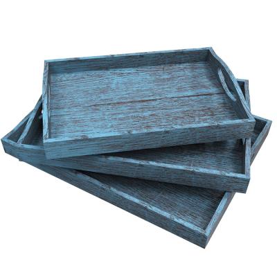 China Best Selling Rustic Blue Wooden Food Serving Tray Durable Paulownia Solid Wood Water Proof Basket for sale