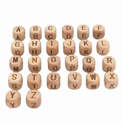 China Newest Eco-friendly 12mm Square Beech Wood English Alphabet Letter Beads DIY Pacifier Chain Baby Wooden Beads for sale