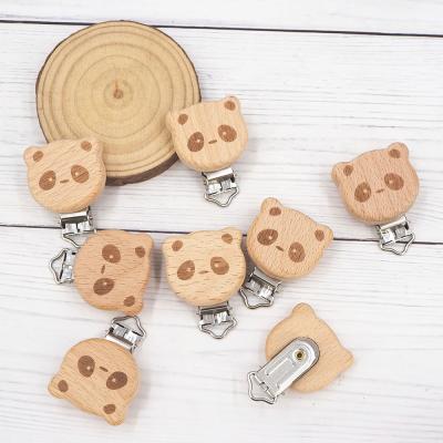 China BPA Free Fashion Beech Panda Shape Dummy Clip For Baby Teething Pacifier Chain Holder DIY Wooden Animal Wooden Pacifier Clip for sale