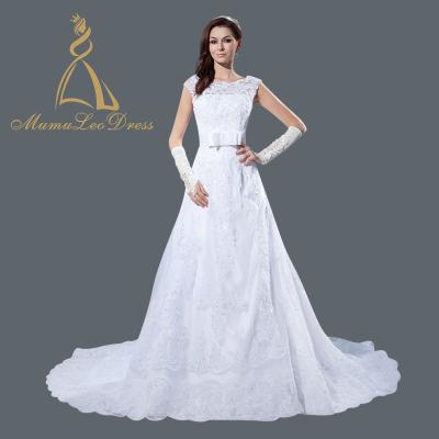 China Plus Size A Line Sweep Train Appliqued Vintage V Back Wedding Dress Lace Sash Bow Sequin Satin And Bow Wedding Dress for sale