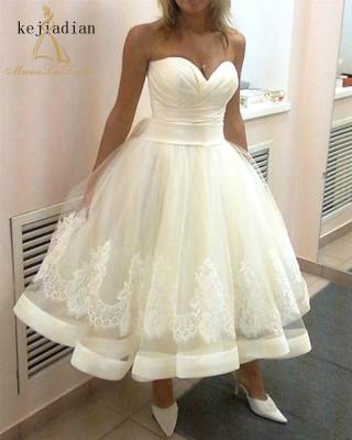 China Plus Size Ball Gown A Line Strapless Bridal White Lace Appliqued Short Summer Puffy Wedding Dress for sale