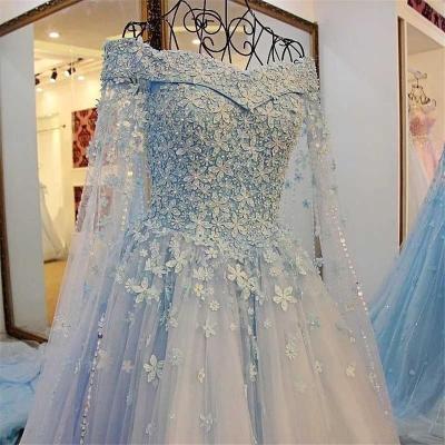 China Plus Size Lace Appliqued Off The Shoulder Light Sky 3d Flower Applique Cape Bestselling Floral Blue Wedding Dress for sale