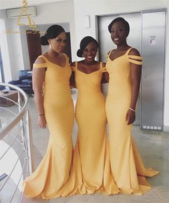 China Dry Cleaning Floor Length Silk Like Satin Strappy Off The Shoulder African Bridesmaid Dresses Mermaid Yellow Maid Of Honor Gown for sale