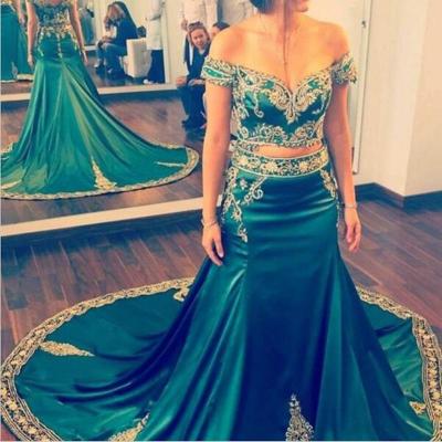 China Dry Cleaning Satin Chapel Train Off The Shoulder Green 2 Piece Prom Dress Mermaid Evening Dresses With Gold Embroidery for sale