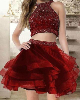 China Red Halter Knee Length Cocktail Organza Bling Sexy Party Short Teen Sequin Prom Dress 2 Pieces Prom Dress for sale