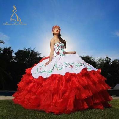 China Custom Embroidery 2019 Strapless Ball Gown Dry Cleaning Tiered Flower Red And White Quinceanera Dresses Custom Made Dress Manufacturer for sale