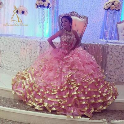 China Hot Wholesale Dry Cleaning Ball Gown Picture Party Supply Ruffle Sweet 16 Western Gold And Pink Quinceanera Dress for sale