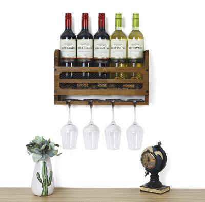 China High-Grade Wall Mounted Wooden Wine Rack 5 Wine Bottles And 4 Stem Glasses Holder Wine Cork Storage Rack for sale