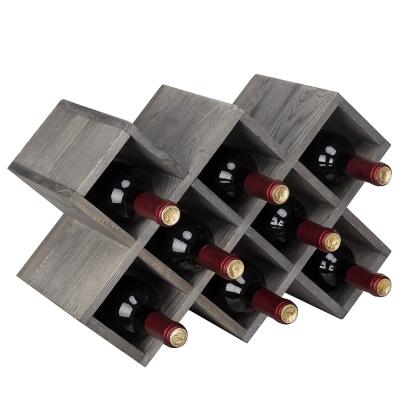 China Countertop Rustic Vintage GrayTorched Wood Wine Rack Geometric Design 8-Bottle Storage Organizer à venda