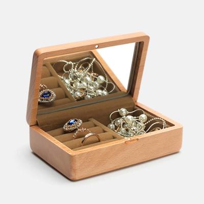 China Portable Wooden Jewelry Box with Mirror Velvet insert Jewellery Organizer Earring Rings Bangle Bracelet Necklace Storage for sale