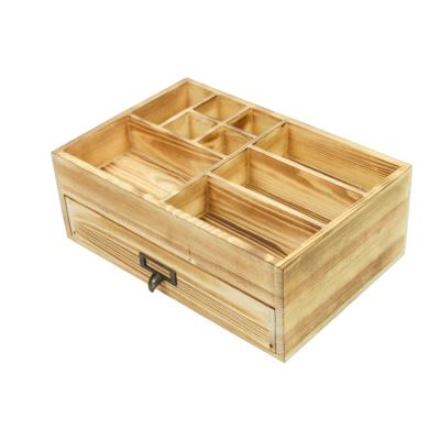 China Brown tabletop rustic wood drawer makeup organizer cosmetics storage box Te koop