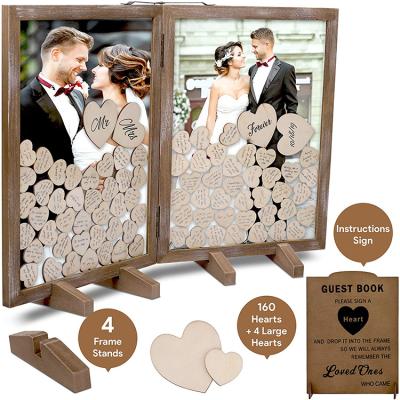 Chine Wedding Guest Drop Top Frame Wedding Guest Book Alternative Blank Wooden Hearts Hinged Easy Tabletop Wedding Guest Book à vendre