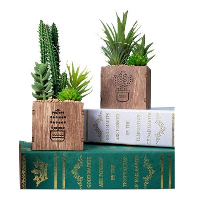 China Set Of 3 Home/Office Decorations Wooden Flower Planter Box Led Lights Artificial Succulents Box, en venta