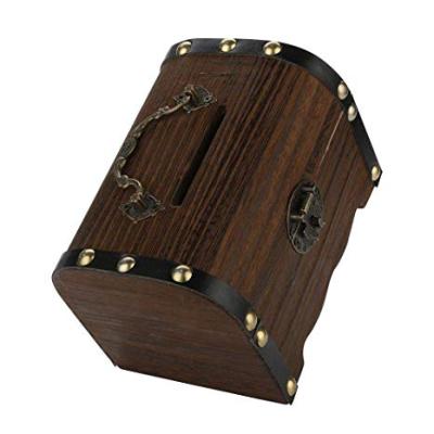 China Unique Wooden Piggy Coin Box Bank Vintage Handmade Solid Wooden Treasure Chest Portable Piggy Bank en venta