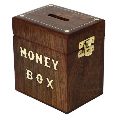 China Handmade Wooden Money Bank Coin Box Bank Coin Slot Key Box With Original Wood Color zu verkaufen