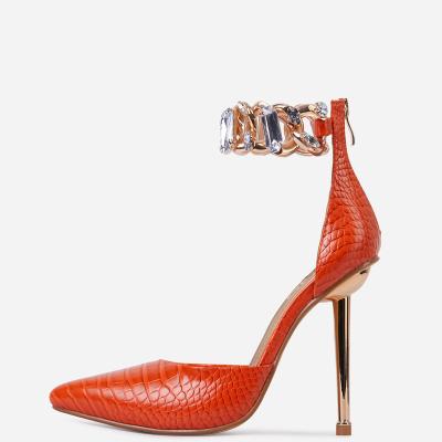 China Size Increasing Fashion Cyan Diamond Gem Chain Stiletto Heels Pump 2021 Summer Shoes Women's Led Toe Ankle Strap High Heel Sandals for sale