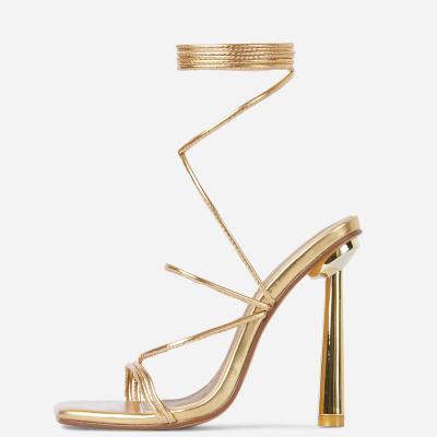 China Size Increasing Custom Strappy Heels Women Heeled Sandals Adjust Toe Gold Lace Up 2022 High Heels Shoes For Women for sale