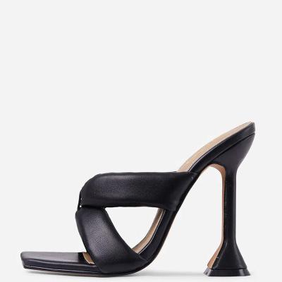 China Height Increasing Custom Black Cross Strap Heels Sandals Women Adjust Toe Heels Mule Shoes Women 2020 Sculptural Pyramid Heels For Ladies for sale