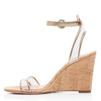 China Wholesale clear ankle strap fashion trend PVC wedge shoes ladies wooden platform heel summer wedges sandals for women and ladies for sale