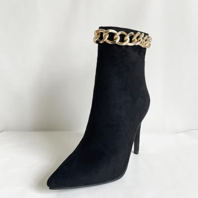 China Fashion Breathable Ladies High Heeled Gold Chain Black Suede Ankle Boots Sexy Women For Ladies Winter Ankle Booties for sale