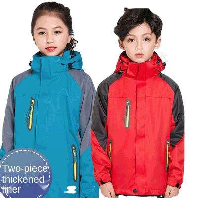 China Autumn windproof and fleece-lined thickened two-piece jacket outdoor printablelogoChildren winter boys and girls three-in-one set for sale