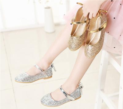 China 2021 Princess Dress Shoes Kids Light Weight Gold Sequin Bling Flat Bow Slides Sandals Toddler Performance Unique Children Girls for sale