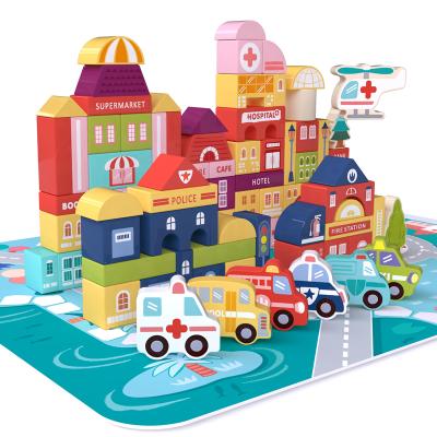 China Toy Hot Sale 115 Pcs Children Montessori Building Blocks Urban Traffic Educational Wooden Transport Toys Building Blocks for sale