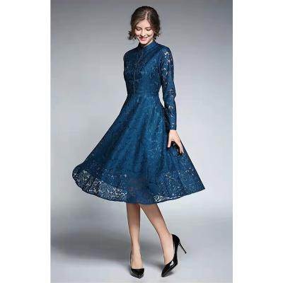 China EU Popular Breathable Sexy Lace Sleeve Stand Collar Midi Length A Line Long Dress By Manufacturers for sale