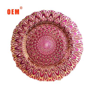 China Wholesale Glass Charger Dishes Wholesale Pink Flatbed Sustainable Round 13 Inches for sale