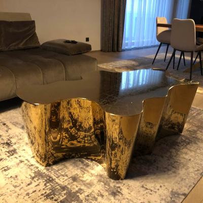 China Luxury Unique Center Table Etching Gold Stainless Steel Tree Trunk Coffee Table for sale