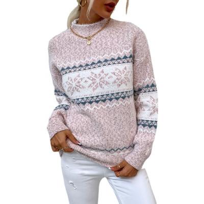 China Anti-Wrinkle Women's Christmas Knitted Half Turtle Neck Snowflake Sweater Pullover for sale