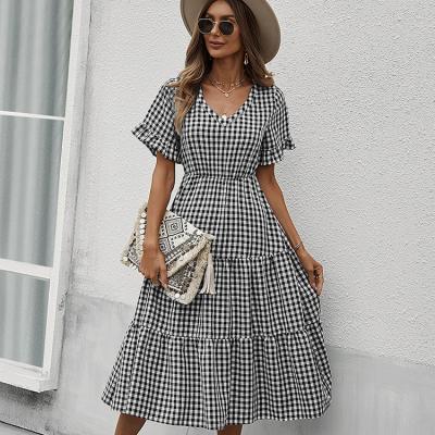 China 2022 Summer New Design Breathable Plaid Printed Short Sleeve Maxi Long Dresses For Women for sale