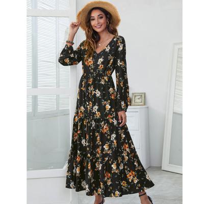 China 2022 Breathable Women Maxi Dresses High Waist V-Neck Ladies Floral Printing Ladies Long Maxi Dresses for sale