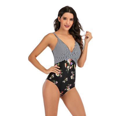 China Ladies Summer Breathable High Quality Floral Print Stripe Fashionable One Piece Swimwear for sale