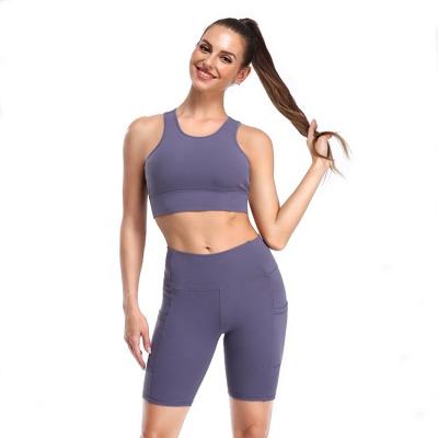 China Wholesale Breathable Fitness Gym Breathable Sports Set Sportswear Yoga Workout Sports Bra Tight Yoga Shorts Set With Pocket for sale