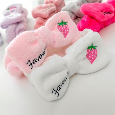 China Soft LOGO Letter Strawberry Bow Face Headbands Custom Made Coral Fleece Headwrap Makeup Embroidery Wash Plush Turban for sale