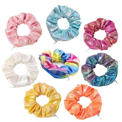 China Shinny European and American style metallic hair scrunchies with hidden zipper pocket in elastic hair bands hair accessories for sale