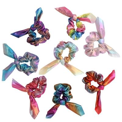 China Party Ombre Rainbow Hair Bows Ponytail Holder Elastic Hair Bands Ropes Shinny Hair Accessories Metallic Bunny Ear Scrunchies for sale