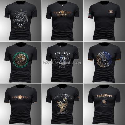 China Anti-wrinkle T-shirt men's summer short sleeve casual knitted cotton embroidery iron drill T-shirt wholesale for sale