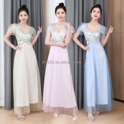 China Sexy Mesh Chiffon Dress High Waist Wedding Bridesmaid Dress Anti-static Elegant V-Neck Dance Dress for sale