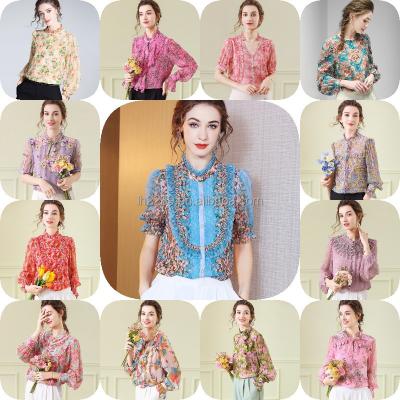 China New Elegant Women's Fashion Loose Chiffon Shirt French Long Sleeve Top Anti-Shrink Floral Women's Shirt for sale